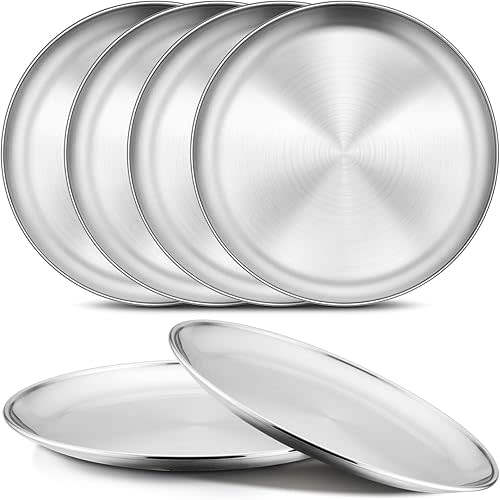 6-Piece 18/8 Stainless Steel Plates 8 Inch 304 Metal Dinner Dishes for Kids Toddlers Round Serving Plate Dishwasher Safe