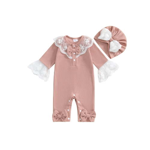 Qtinghua Newborn Baby Girl Romper Coming Home Outfit Long Sleeve Lace Trim Jumpsuit with Bow Hat Infant Fall Clothes