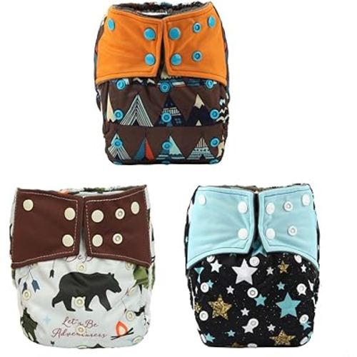 3 AIll in One Cloth Diapers Nappies for Night AIO Sewn in Insert Reusable Washable (Teepee Stars)