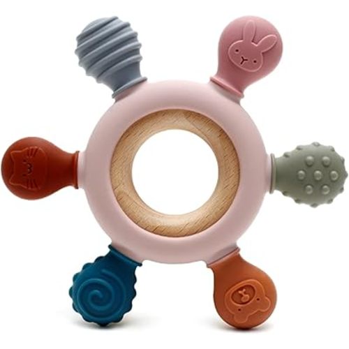 Silicone Teething Toys, Natural Wooden Ring with Silicone Teether, BPA Free, Baby Teething Toys for 0-6 Months