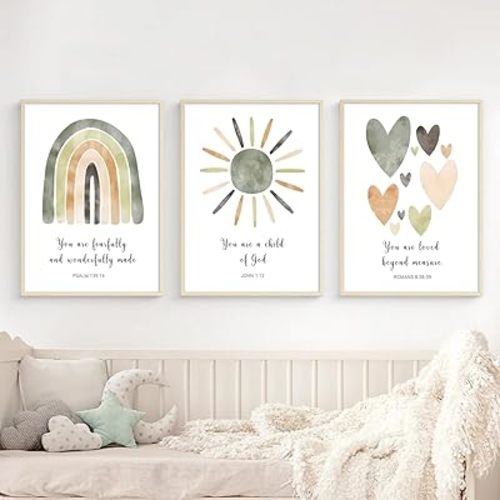 Nursery Bible Verse Canvas Wall Art Poster Sage Green Rainbow Watercolors Art Print Poster Baby Christian Painting Pictures for Girl Baby Kids Room Decor 12x16 Inch Unframed Set of 3