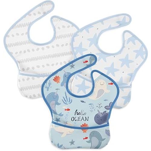 3 Pack Waterproof Baby Bib for Eating, Mess Proof Feeding Bibs with Large Food Catcher, Travel Feeding Bibs