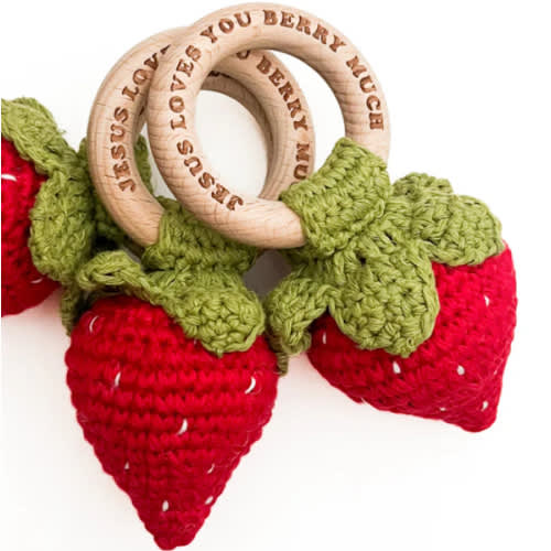 Jesus Loves You Berry Much Strawberry Knitted Teether Rattle