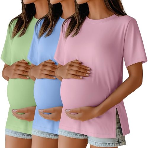 Ficerd 3 Pack Women's Maternity T Shirts, Short Sleeve Side Split Pregnancy Tops Casual Crew Neck Pregnant Tees Mama Clothes