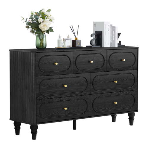 YOCWO 7 Drawer Fluted Dresser for Bedroom, Mid Century Chest of Drawers with Arc Edge, Wood Storage Large Dresser Organizer for Bedroom Living Room Hallway Closet, Black