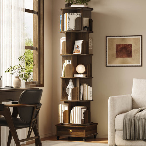 George Oliver 6-tier 360° Rotating Bookshelf With Curved Shelves And Baffles, Walnut Wooden Corner Bookcase With Bottom Drawer & Reviews | Wayfair