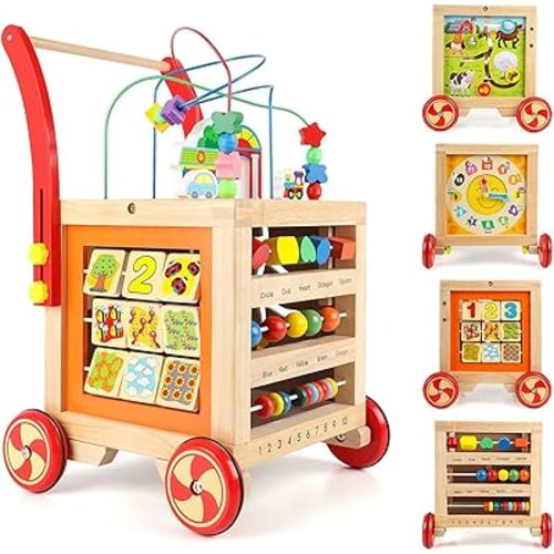 Wondertoys Wooden Activity Cube Toys Baby Push Walker with Bead Maze Clocks Shape Sorter Abacus 6 in 1 Play Learning Educational Toys Birthday Gifts for Kids