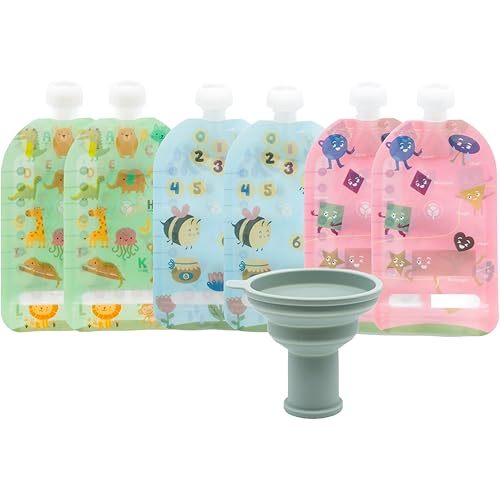 WeeSprout Double Zipper Reusable Food Pouches, Perfect for Babies & Toddlers, Freezer & Dishwasher Safe (Educational, 7 Fl Oz (Pack of 6) + Pouch Filler)