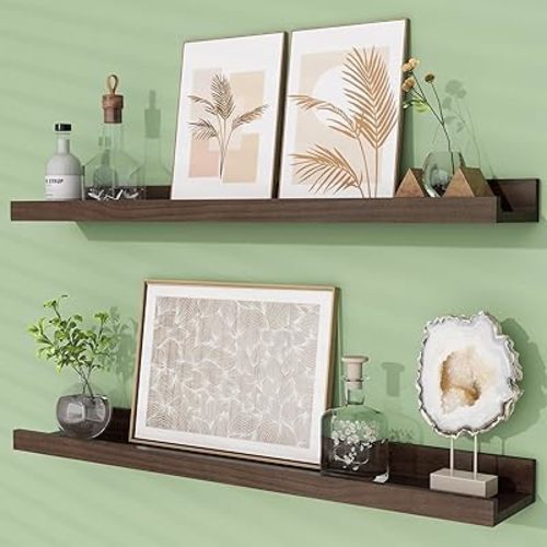 Picture Ledge Shelf, Pine Wood Floating Shelves Set of 2, 24 inch Nursery Book Shelves, Photo Ledge Book Shelves Wall Mounted for Living Room Kids' Room Bedroom - Walnut