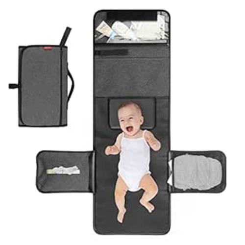 Portable Diaper Changing Pad, Travel Changing Pad for Newborn, Changing Pad Waterproof, Diaper Pad Changing Mat with Wipes Pocket, Changing Pad for Baby Shower - Black Grey