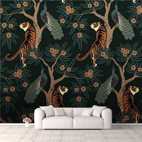 3D Wallpaper tiger and peacock Seamless pattern with tiger and peacock on tree with Self Adhesive Bedroom Living Room Dormitory Decor Wall Mural Stick And Peel Background Wall Ceiling Wardrobe Sticker