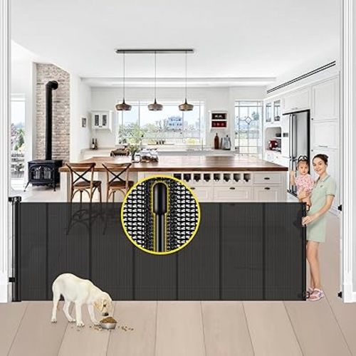 Reinforced 42” Tall x 100” Extra Wide Retractable Baby Gates for Doorways Extra Tall Pet Gate with Rods to Prevent Crawling Through, Tall Dog Gate for Large Openings Extra Long Mesh Gate, Black