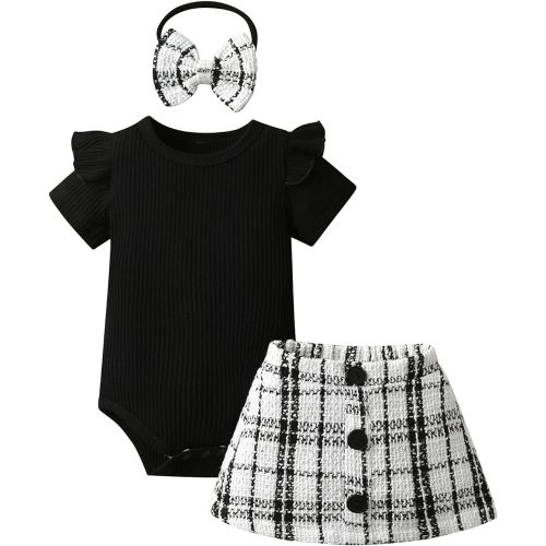 Newborn Baby Girl Clothes Ruffle Short Sleeve Bodysuit and Short Skirt 3PCS Summer Skirt Set