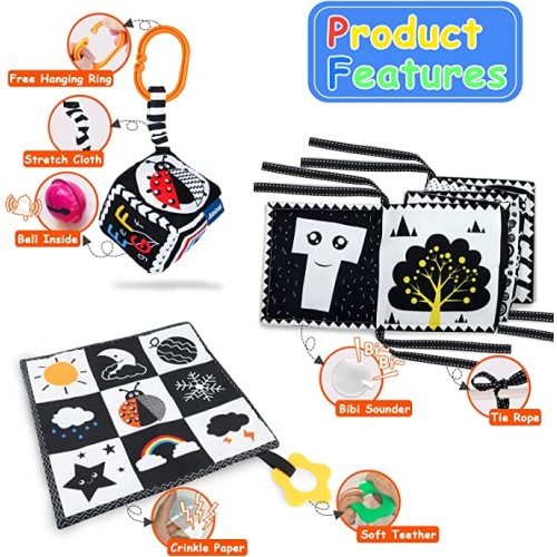 KUANGO 3 PCS Black and White High Contrast Baby Toys 0-6 Months for Newborn, Montessori Toys for Babies Sensory Soft Book for Early Education, Infant Tummy Time Toys 0 6 9 Months Baby Gifts