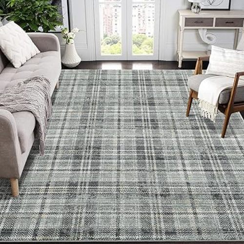Washable Plaid Rug - Modern Farmhouse Green 6'x9' Non Slip Stain Resistant Carpet for Living Room, Bedroom, Dining Room, Office, Nursery