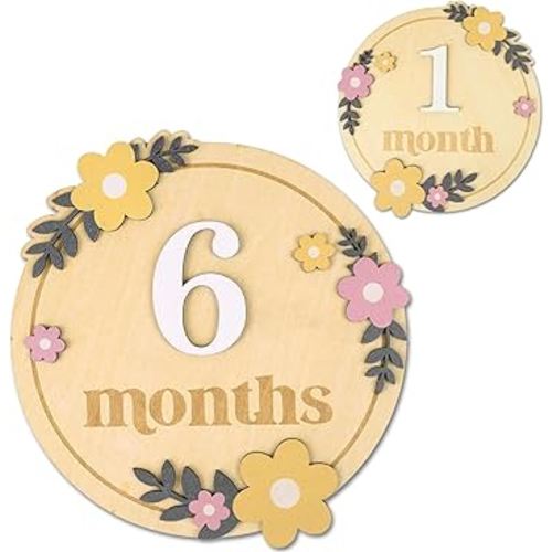 Baby Monthly Milestone Cards - Wooden Monthly Milestone Discs - Newborn Photography Props to Document Your Baby´s Growth - Baby Announcement Sign (B07)