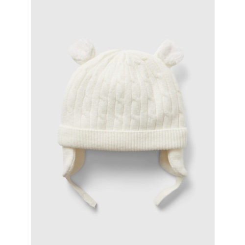 Baby CashSoft Sherpa-Lined Bear Beanie in ivory frost, size: 0-3 M