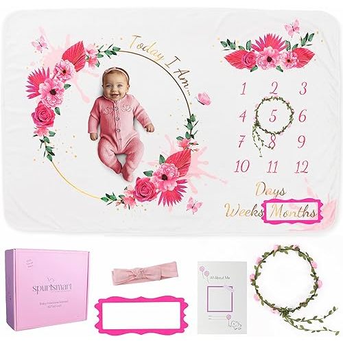 Baby Girl Floral Milestone Blanket, Personalized Month to Month Growth Blanket for Newborn Girls