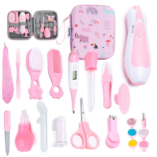 Byseng Baby Brush and Comb Grooming Kit, 21 in 1 Safety Newborn Nursery Care Set with Electric Nail Trimmer - Pink