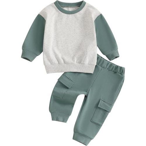 Madjtlqy Toddler Baby Boy Fall Outfit Color Block Long Sleeve Sweatshirt Pullover Tops + Pants 2Pcs Winter Clothes Set