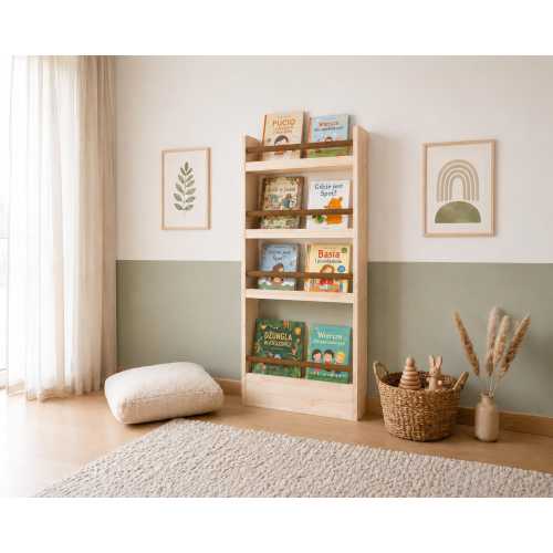Small Wooden Montessori Bookshelf for Kids with Custom-Painted Rods | Front Facing Kids' Bookcase to Woodland Nursery