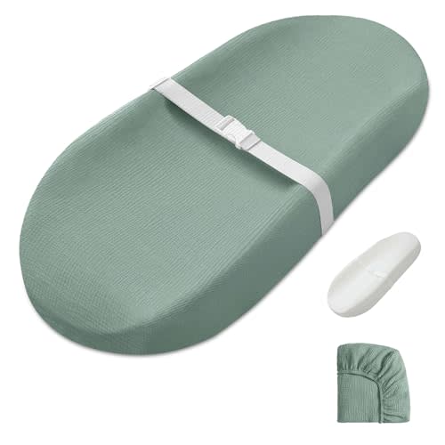 Blissful Diary Muslin Baby Changing Pad with Waterproof Lining Foam, Diaper Changing Table Pad with Cover for Dressers (Roman Green, Avocado)