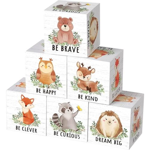 6 Pcs Inspirational Animal Nursery Decor Wooden Forest Animals Bear Raccoon Fox Lion and Monkey Decor Blocks Woodland Table Decor Safari Creatures Decor, 1.6 Inch (Woodland)