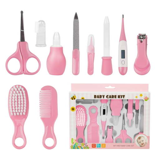 BUSATIA 10 in 1 Baby Healthcare and Grooming Kit,Safety Newborn Nursery Care Set, with Hair Brush Comb,Nail Clipper,Thermometer,Pacifier Clip,Nasal Aspirator for Newborn Infant Baby-Pink
