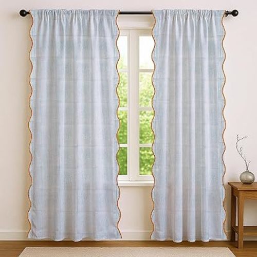 Ridhi Blue Stripe Floral Cotton Scallop Curtains 1 pcs 84-Inch Pocket for The Rod Semi-Sheer Drapes for Living Room & Bedroom, Floral Patterned Farmhouse Boho French Country Window Panels