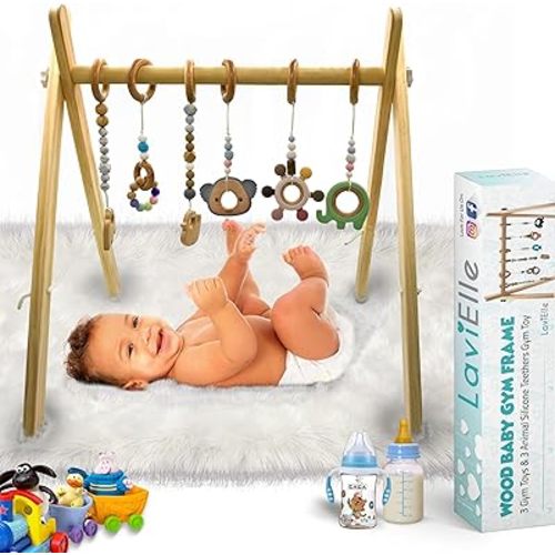Wooden Baby Gym with 6 Premium Teethers | Foldable Play Gym for Motor Skills Development | Baby Activity Gym Center for Nursery, Montessori | Gift