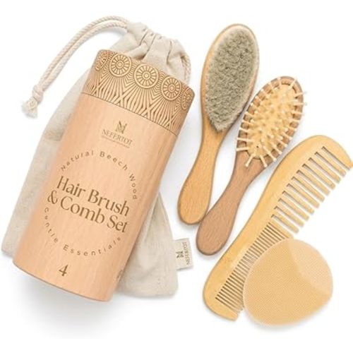 Wooden Baby Hair Brush Grooming Kit with Beech Wood Goat Hair Brush, Cradle Cap Brush, Silicone Scalp Massager, Ultra Soft Bristle Brush | Gender Neutral Newborn Hairbrush Set for Boy or Girl