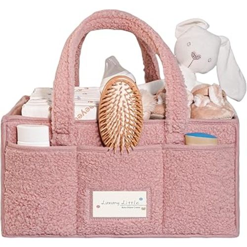 Luxury Little Diaper Caddy Organizer - Large Cotton Rope Nursery Basket with Divider - Changing Table Organizer for Storage - Pink