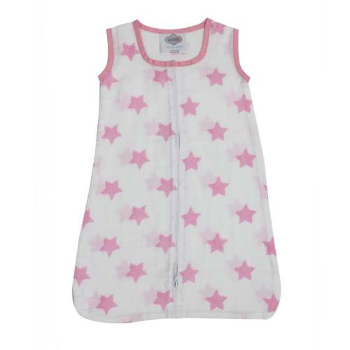 Bacati Cotton Muslin Sleeping Sack, Wearable Blanket with 2-way Zipper, Stars Pink