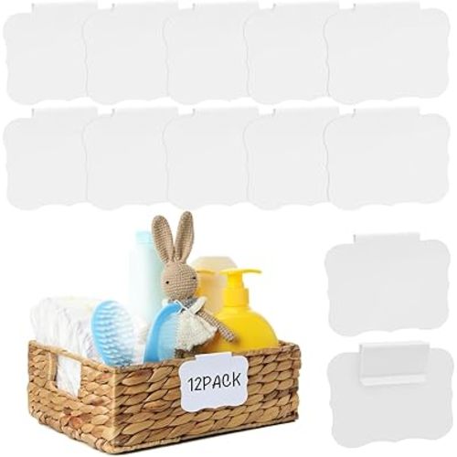 12pcs White Basket Labels Clip On for Storage Bins, Removable PVC Labels for Baskets with Holders (White 12pack)