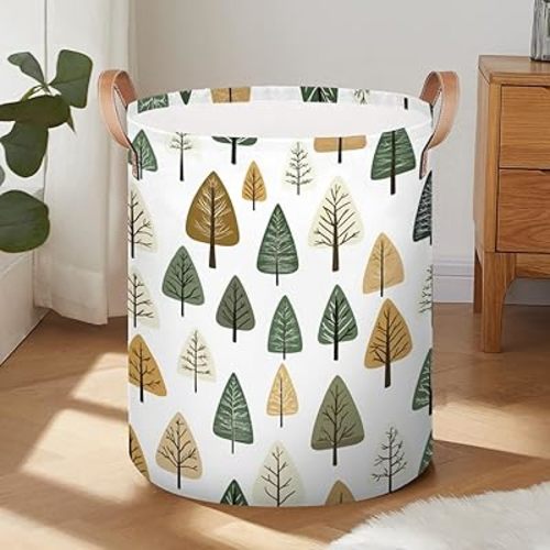 Laundry Basket Collapsible Waterproof Storage Bin Organizer with Handles Round Dirty Clothes Nursery Hamper for Living Room Bedroom Bathroom Toys Box (Tree Pattern)