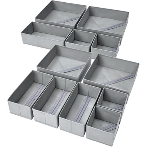 DIMJ Drawer Organizer Clothes, 12 Pack Dresser Organizer, Foldable Closet Organization and Storage Dividers, Fabric Dresser Drawer Organizers for Underwears, Nursery, Baby Clothes, Socks, Tie (Grey)