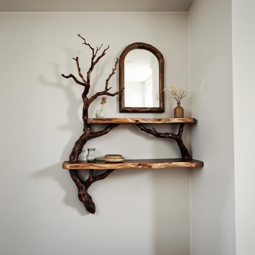 Corner bookshelves solid wood live edge floating shelf on wall tree branch bookshelf decor home art