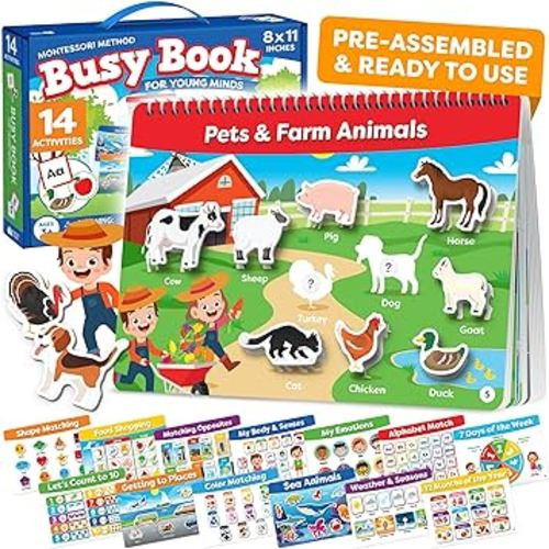 Montessori Busy Book for Toddlers Ages 3 and Up - Pre K Preschool Learning Activities Book - Autism Sensory - Kindergarten Educational Toys for 3 Year Old , Ages 3-4 4-8 5-7