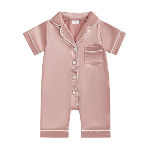 MAINESAKA Baby Girl Boy Satin Romper Pajamas Short Sleeve Lapel Button Down Silk Jumpsuit Pjs Infant One Piece Sleepwear