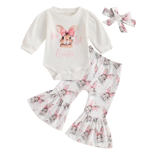 GINEVSAL My 1st Easter Baby Girl Outfits Letter Rabbit Print Long Sleeve Romper Flare Pants Headband Set Newborn Clothes