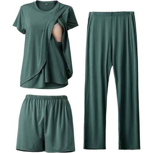 Rnxrbb 3 Piece Postpartum Nursing Pajamas Set Casual Soft Maternity Breastfeeding Pjs Sleepwear Loungewear Clothes Layer
