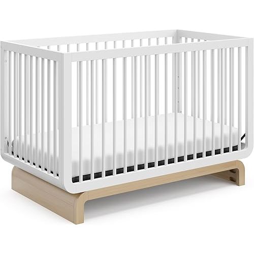 Storkcraft Santorini Deluxe 5-in-1 Convertible Crib with Bonus Toddler Guardrail (White with Driftwood) – GREENGUARD Gold Certified, Toddler Guardrail Included in Box, Fits Standard Crib Mattress