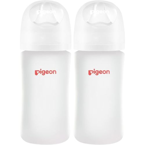 Pigeon Silicone Coating (Glass Inside/Silicone Outside) Baby Bottle, Wide Neck, Streamlined Body, Natural Feel, Easy to Clean, Heat-Resistant, 8 Oz (Pack of 2), Includes 2 pcs M Nipples (3m+)