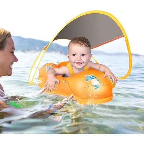 LAYCOL Baby Swimming Float with UPF50+ Sun Canopy Baby Floats for Pool No Flip Overbaby Pool for Baby Age of 3-36 Months - Yellow - Large