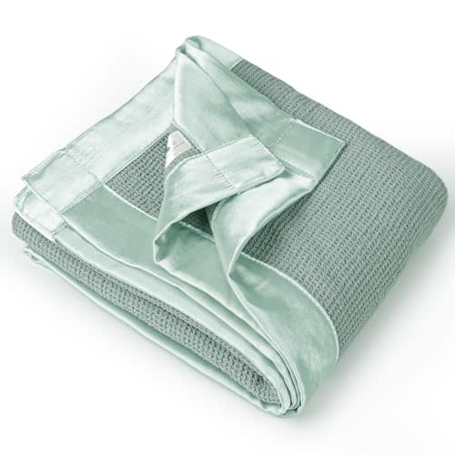 Lulu Moon Swaddle Baby Blanket: Waffle Blanket with Satin Trim - Soft Breathable Toddler Blankets Perfect for Nursing Cover and Playtime - Cotton Crib Quilt for Daytime Naps 40"x36"(Sage)