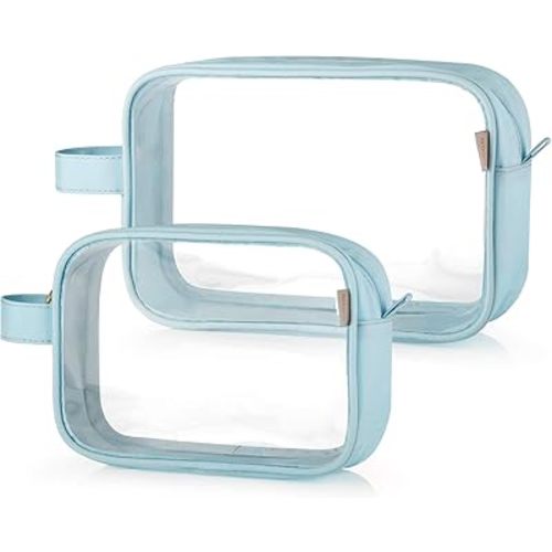 GAGAKU 2pcs Clear Toiletry Bag TSA Approved Travel Toiletry Bags Liquid Bag with Handle Strap, Waterproof Transparent Makeup Cosmetic Bags for Women - Light Blue