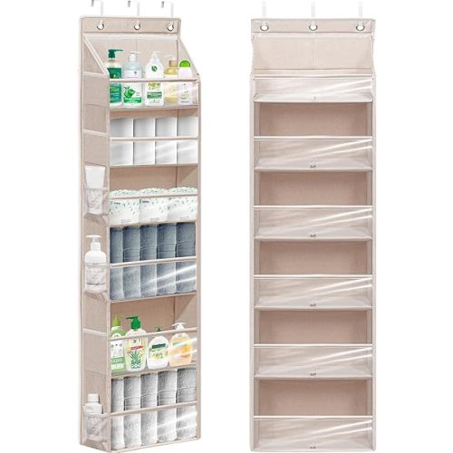 Over Door Organizer with 6 Extra Large Pockets 12 Side Pockets, Sturdy Closet Storage Rack, Hanging Storage Organizer with Clear Window for Shoes, Diapers, Toys, Bedroom, Bathroom, Beige