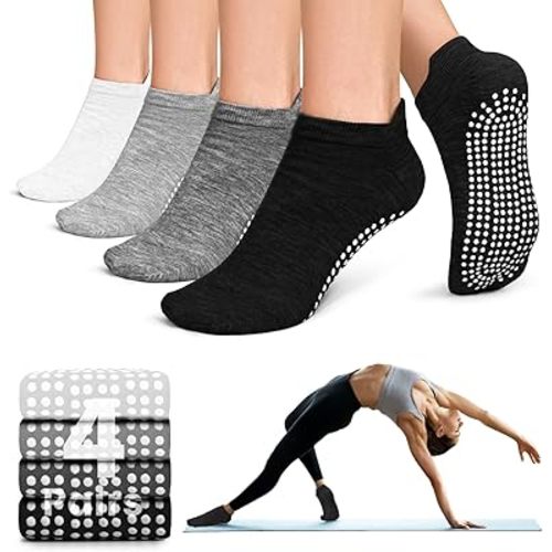yeuG Pilates Socks for Women Non Slip Grip Socks for Yoga, Barre, Hospital, Barefoot Grippy Yoga Sock Womens Gifts 4 Pairs
