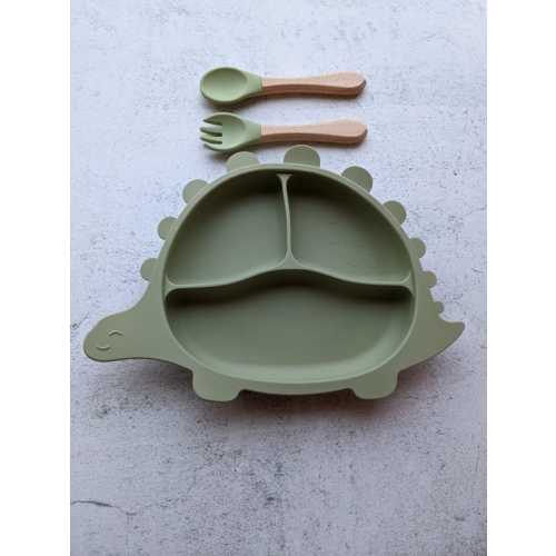 Personalized Dinosaur Suction Cup Bottom Plate with Fork and Spoon Set, Kid&#39;s colorful dino plate with matching utensils, Engraved utensil