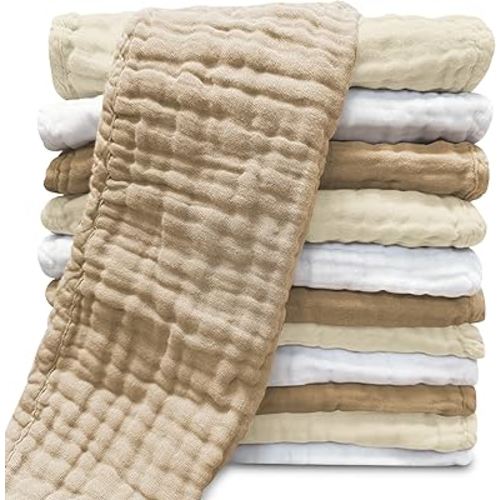 Sunny zzzZZ Muslin Burp Cloths for Baby 100% Cotton Burping Cloths for Unisex, Boy, Girl - Large 20'' by 10'' Newborn Essentials Ultra Soft Absorbent Milk Spit Up Rags - 12 Pack - White+Ivory+Brown